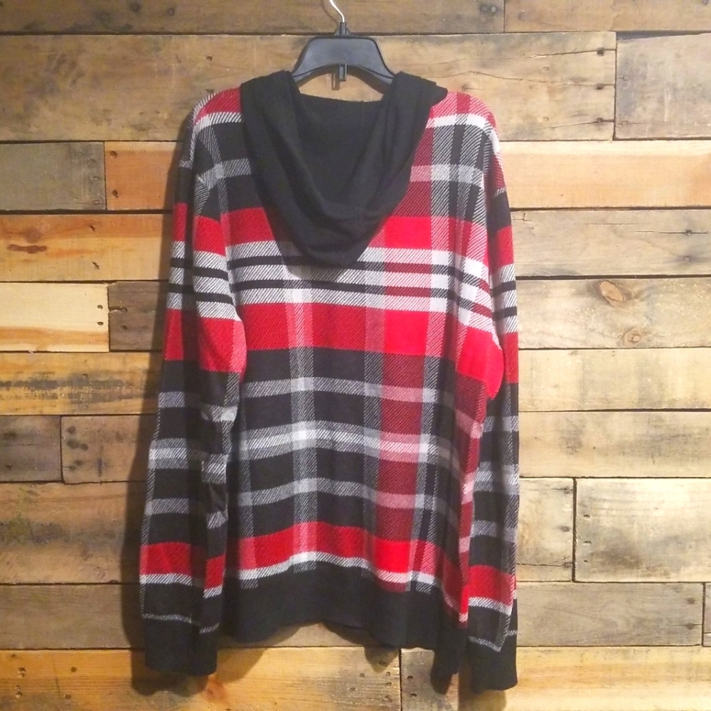 Express hooded sweater, red/black plaid, medium